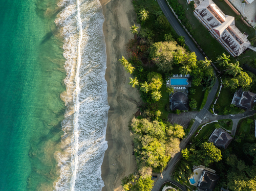Overhead shot of beach and pool area